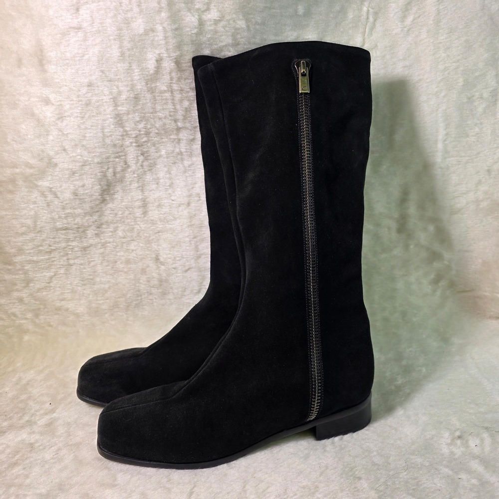 La Canadienne Suede Tall Boots Black Square Toe Side Zip Women 7.5 Excellent